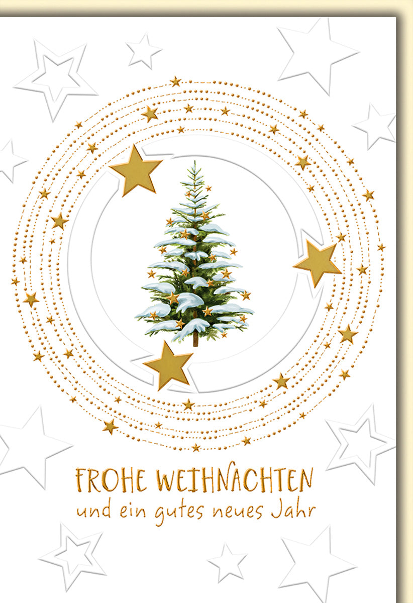 Weihnachtskarte Traditionell – Schneebedeckter Tannenbaum mit Goldsternen und Sternenhimmel