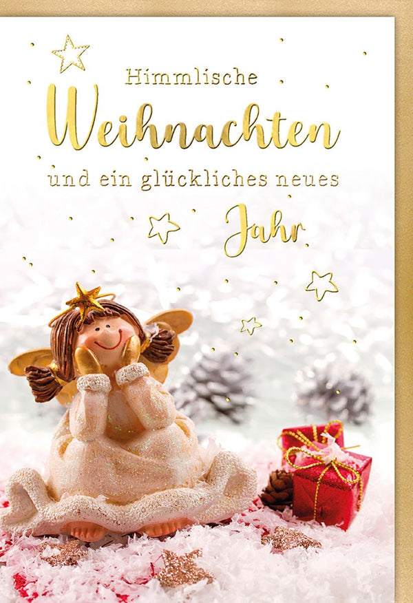 Weihnachtskarte Engel – Fröhlicher Engel mit Geschenken und goldenen Sternen