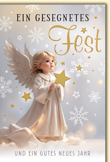 Weihnachtskarte Engel – Kindlicher Engel mit Sternen und Schneeflocken in sanften Tönen