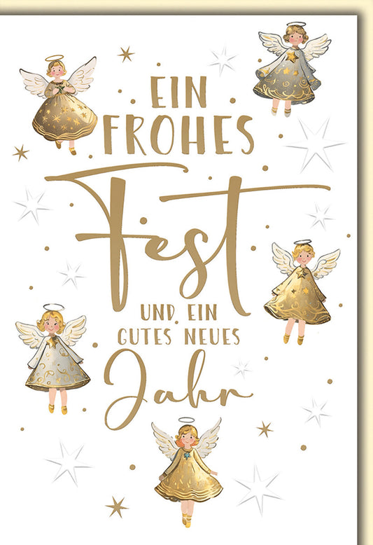 Weihnachtskarte Neujahr – Goldene Engel mit Sternen und festlichem Schriftzug