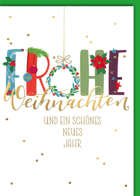 Weihnachtskarte Familie – Bunte Buchstaben mit Kranz und Goldakzenten auf Weiß