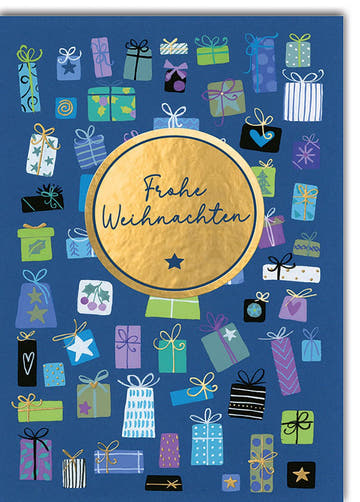 Weihnachtskarte Familie – Bunte Geschenke auf Blau mit Goldfolie und Sternendetail