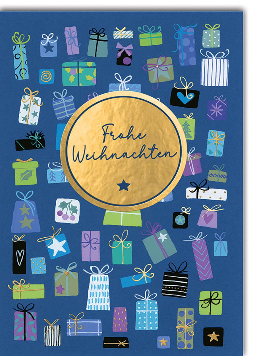 Weihnachtskarte Familie – Bunte Geschenke auf Blau mit Goldfolie und Sternendetail