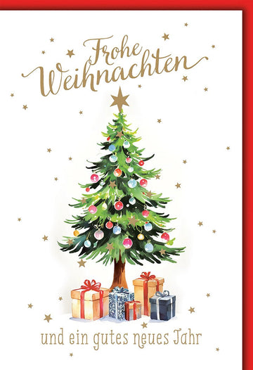 Weihnachtskarte Familie – Festlicher Tannenbaum mit Geschenken und Goldsternen