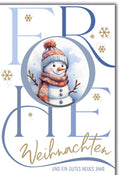 Weihnachtskarte Familie – Fröhlicher Schneemann mit Mütze und Schneeflocken-Design