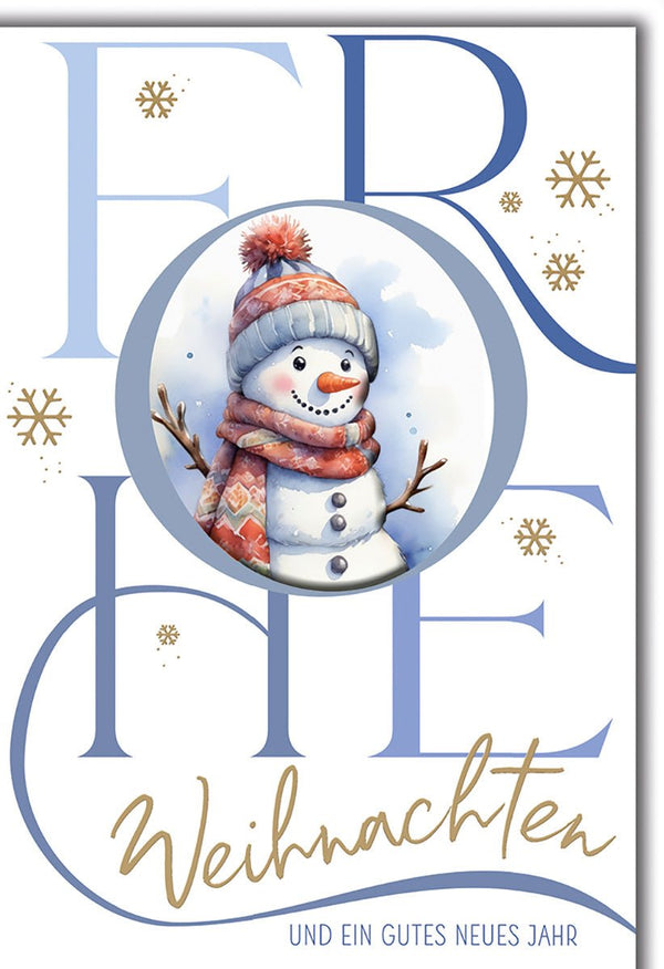 Weihnachtskarte Familie – Fröhlicher Schneemann mit Mütze und Schneeflocken-Design