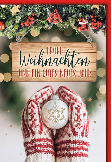 Weihnachtskarte Familie – Handschuhe mit Schneeflocken - Kugel und Tannenzweig - Dekor