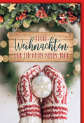 Weihnachtskarte Familie – Handschuhe mit Schneeflocken-Kugel und Tannenzweig-Dekor