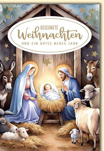 Weihnachtskarte Familie – Heilige Familie in Krippe mit Tieren und Sternenhimmel