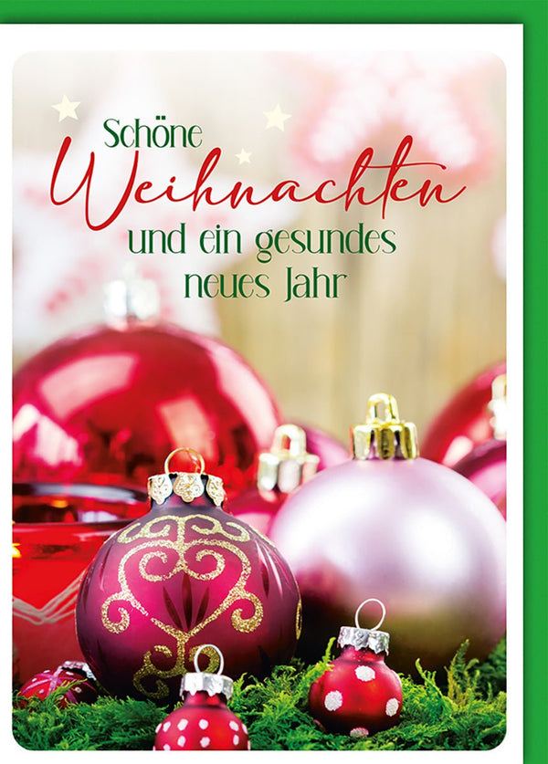 Weihnachtskarte Familie – Rote und goldene Kugeln mit festlichem Glanz und Tannenzweigen