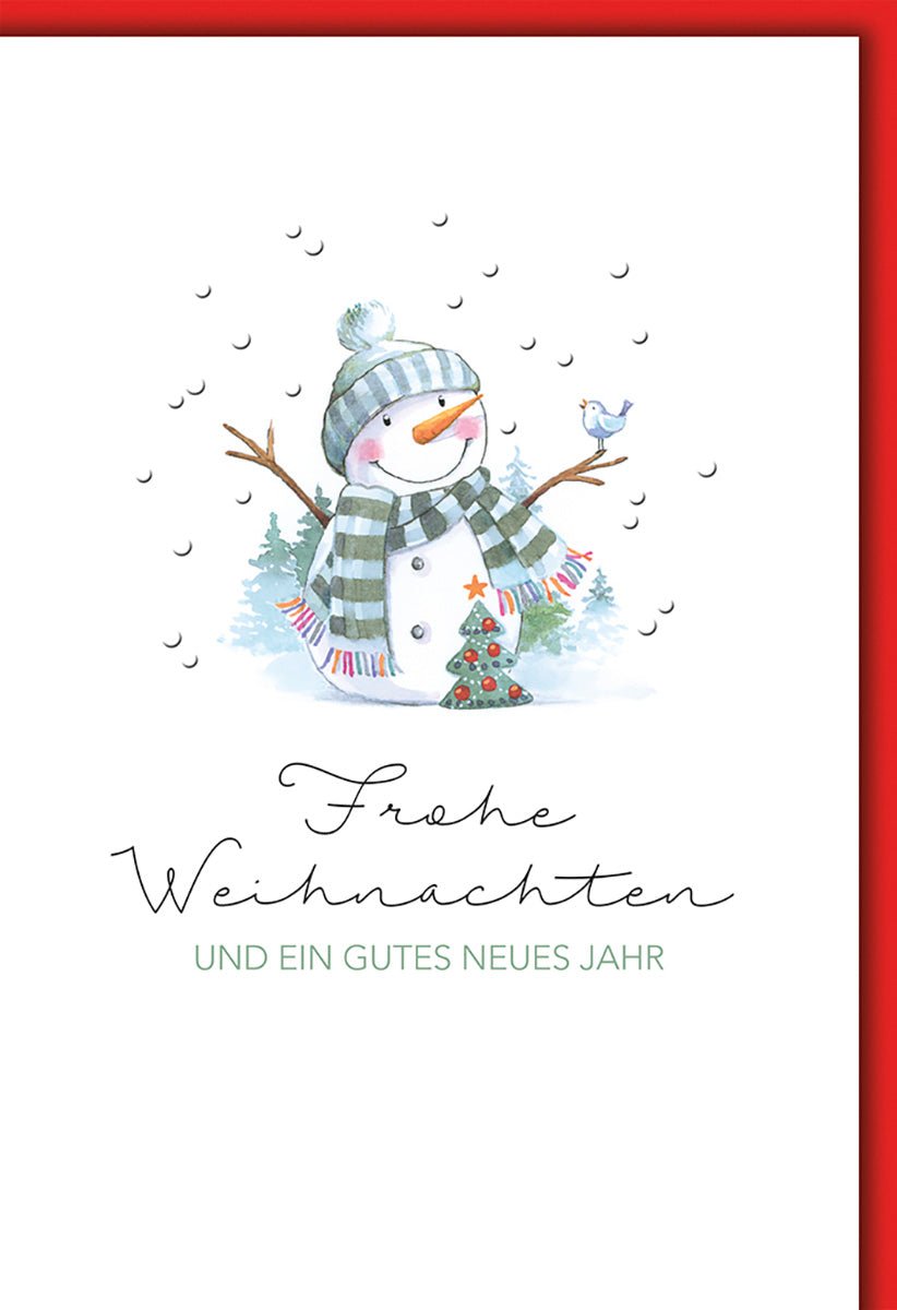 Weihnachtskarte Familie – Schneemann mit Vogel und Tannenbaum in Aquarelloptik