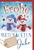 Weihnachtskarte Familie – Schneemänner mit Schneeflocken und festlichem Rot-Blau Design