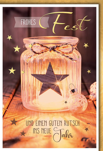 Weihnachtskarte Festlich – Leuchtendes Glas mit Stern und rustikalem Holzdesign