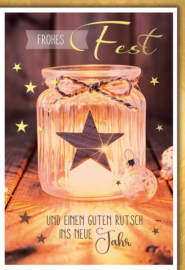 Weihnachtskarte Festlich – Leuchtendes Glas mit Stern und rustikalem Holzdesign