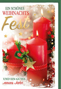 Weihnachtskarte Festlich – Rote Kerzen mit Sternen und Schneeflocken-Motiv