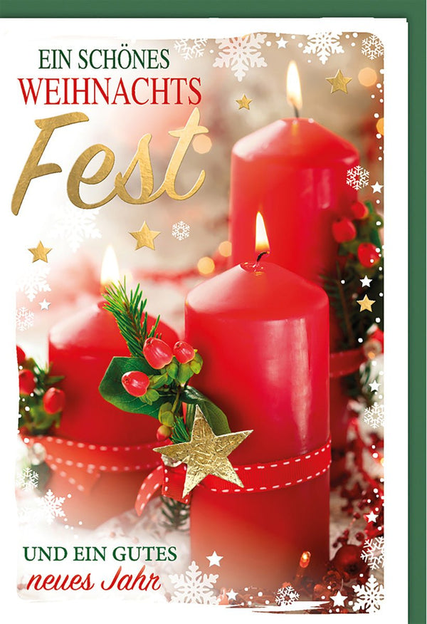Weihnachtskarte Festlich – Rote Kerzen mit Sternen und Schneeflocken-Motiv