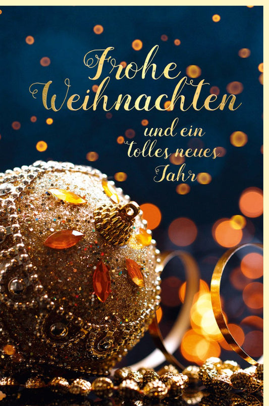 Weihnachtskarte festliche Weihnachtsgrüße mit goldener Christbaumkugel edles Design und Schriftzug Frohe Weihnachten und ein tolles neues Jahr