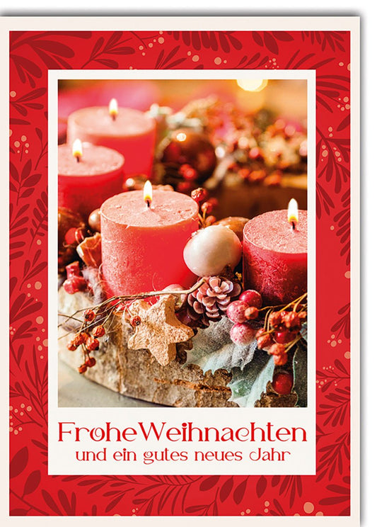Weihnachtskarte: Festlicher Adventskranz mit roten Kerzen und Beeren – Stimmungsvolle Weihnachtsgrüße