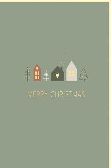 Weihnachtskarte - Festliches Design mit Grünen Häusern & Bäumen, Elegante Papeterie für Stilvolle Geschäftliche Grüße im Dezember