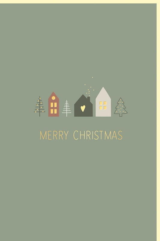 Weihnachtskarte - Festliches Design mit Grünen Häusern & Bäumen, Elegante Papeterie für Stilvolle Geschäftliche Grüße im Dezember