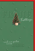 Weihnachtskarte Festtage – Grüner Hintergrund mit geprägtem Tannenbaum und Sternen