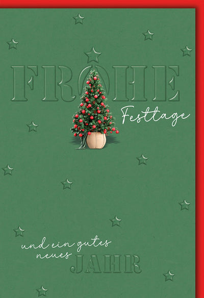Weihnachtskarte Festtage – Grüner Hintergrund mit geprägtem Tannenbaum und Sternen