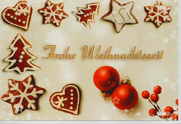 Weihnachtskarte Frohe Weihnachtszeit mit Lebkuchenmotiven und roten Christbaumkugeln festliche Grußkarte für Weihnachten Doppelkarte