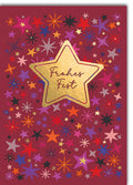 Weihnachtskarte Frohes Fest – Goldener Stern mit bunten Sternen auf rotem Hintergrund