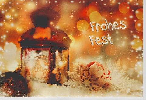 Weihnachtskarte Frohes Fest mit Laterne Schneeflocken und Weihnachtskugel festliche Weihnachtsgrusskarte für besinnliche Feiertage