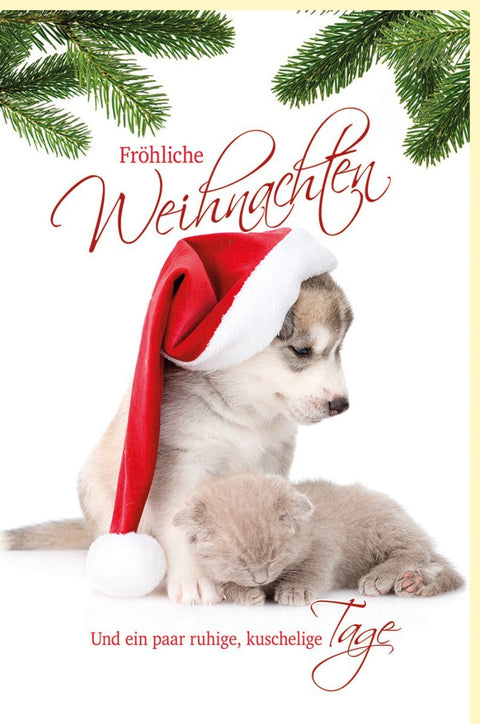 Weihnachtskarte für Tierliebhaber: Festliche Grüße mit Katzen & Hunden im Schnee, Rot - Weißes Design für Familie und Freunde, Besinnliche Feiertage
