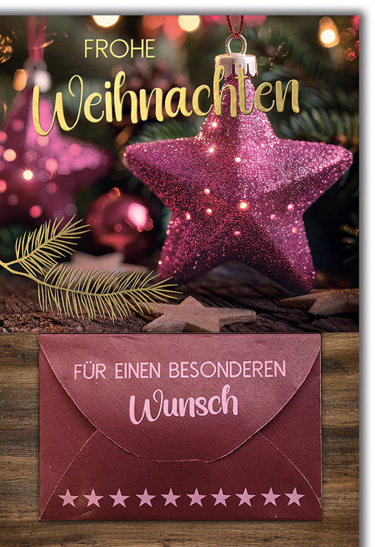 Weihnachtskarte Glitzernd – Lila Stern mit Tannenzweig und Holzoptik Umschlag