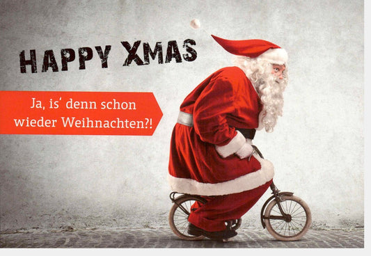 Weihnachtskarte Humorvoll - Santa auf Fahrrad, Witzige Festliche Grußkarte für die Feiertage, Überraschender Weihnachtsgruß