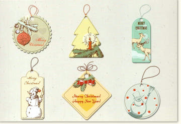 Weihnachtskarte im Retro - Stil – Vintage Motive von Tannenbaum, Rentier & Schneemann für festliche Grüße