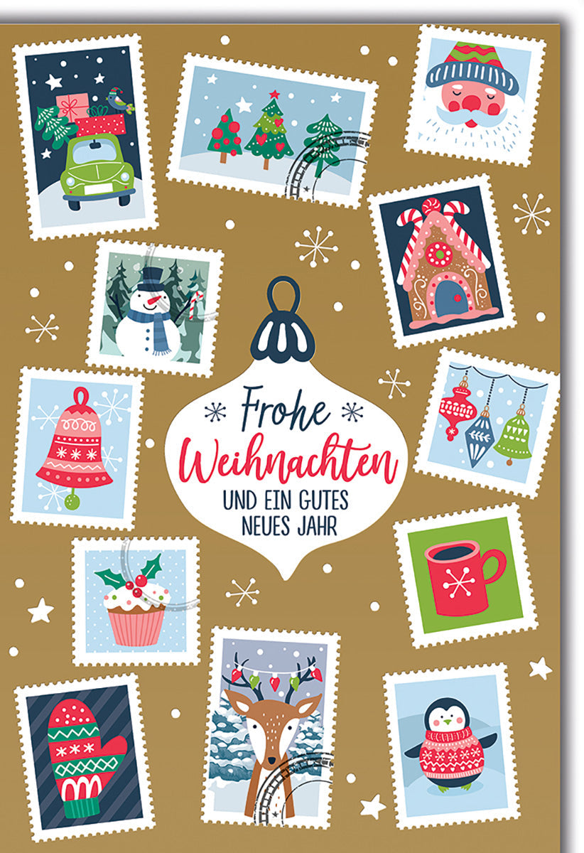 Weihnachtskarte Retro – Bunte Briefmarken mit Wintermotiven und festlichem Gruß