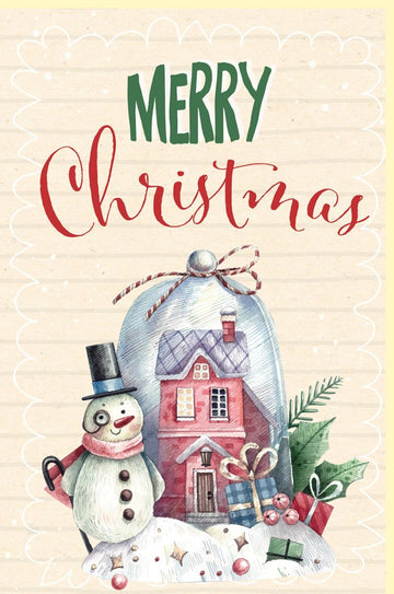 Weihnachtskarte im Vintage - Stil: Schneemann - Motiv auf Zuckerrohrpapier mit Tannenzweig und Baumkugel in warmen Festtagsfarben.