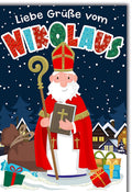 Weihnachtskarte Kinder – Nikolaus mit Geschenken vor verschneiten Häusern im Comic-Stil