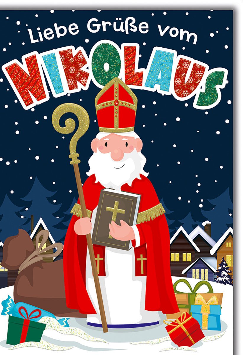 Weihnachtskarte Kinder – Nikolaus mit Geschenken vor verschneiten Häusern im Comic - Stil