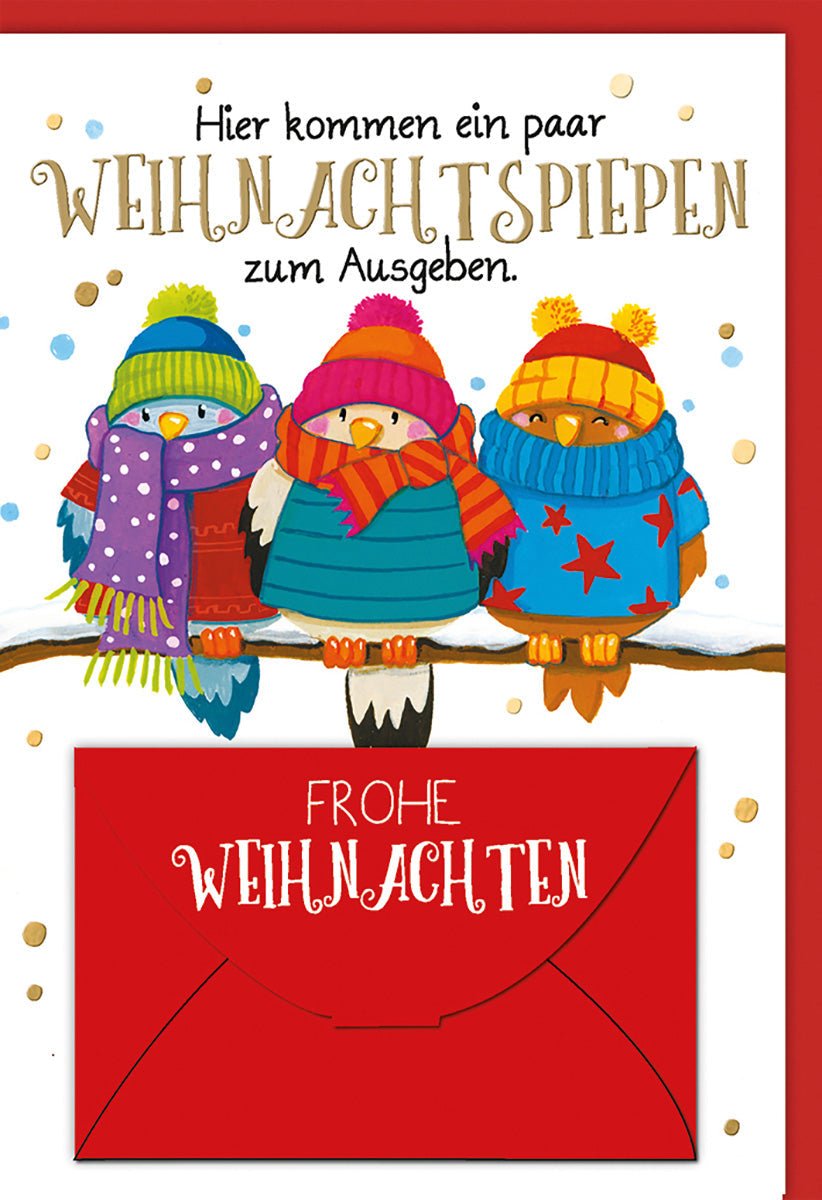 Weihnachtskarte Lustig – Drei bunte Vögel mit Schal und Mütze auf Ast