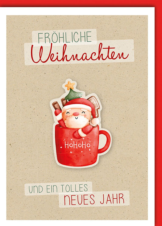 Weihnachtskarte Lustig – Santa in roter Tasse mit Zuckerstange und Sternenhut