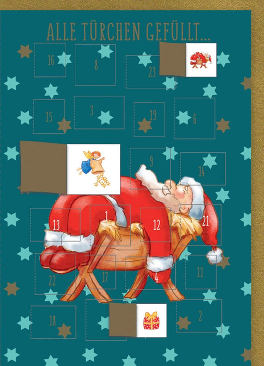 Weihnachtskarte mit Adventskalender – Festliche Karte, Weihnachtsmann & Sterne, Türchen zum Öffnen, Rot - Grün Freude im Dezember
