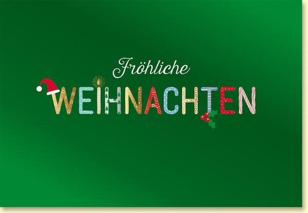 Weihnachtskarte mit bunten Buchstaben und festlichem Weihnachtszauber