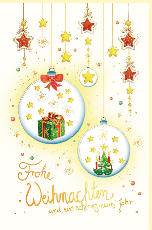 Weihnachtskarte mit Christbaumkugeln, Geschenk, Kerze und Sternen Frohe Weihnachten und ein schönes neues Jahr festliche Weihnachtsgrusskarte