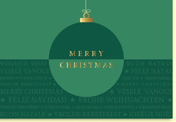 Weihnachtskarte mit eleganter grüner Christbaumkugel und festlichem Schriftzug