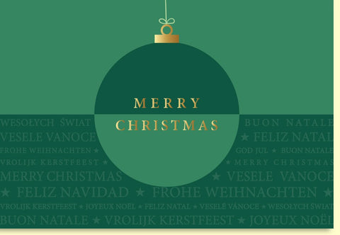 Weihnachtskarte mit eleganter grüner Christbaumkugel und festlichem Schriftzug