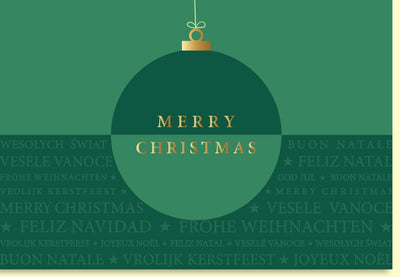 Weihnachtskarte mit eleganter grüner Christbaumkugel und festlichem Schriftzug