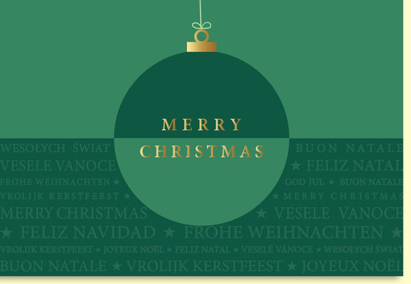 Weihnachtskarte mit eleganter grüner Christbaumkugel und festlichem Schriftzug