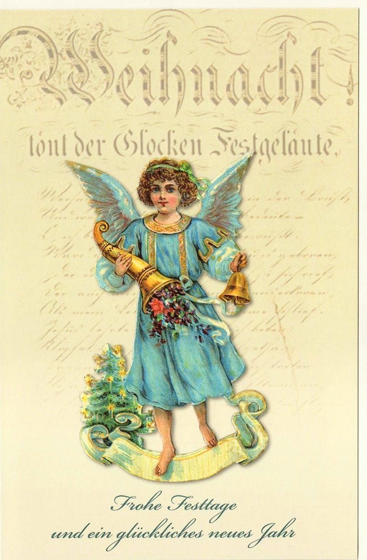 Weihnachtskarte mit Engel und Glocke nostalgisch Frohe Festtage und ein glückliches neues Jahr festliche Grußkarte Weihnachten Doppelkarte