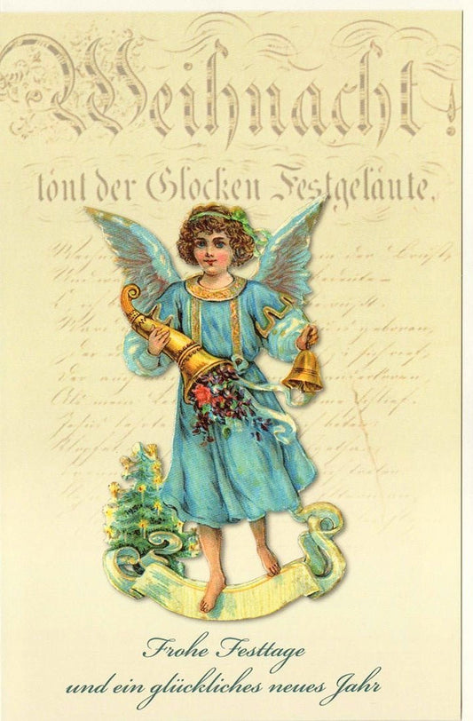 Weihnachtskarte mit Engel und Glocke nostalgisch Frohe Festtage und ein glückliches neues Jahr festliche Grußkarte Weihnachten Doppelkarte