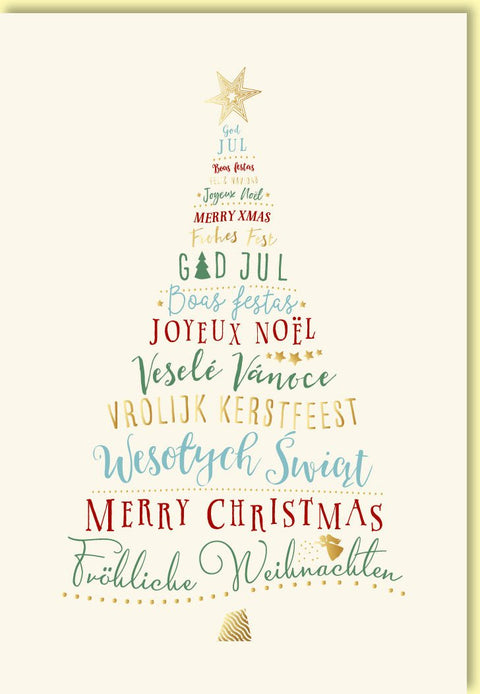 Weihnachtskarte mit festlichem Baum aus bunten Weihnachtsgrüßen