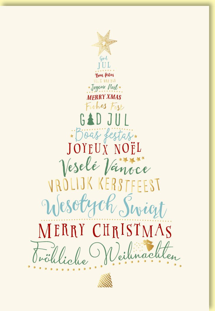 Weihnachtskarte mit festlichem Baum aus bunten Weihnachtsgrüßen